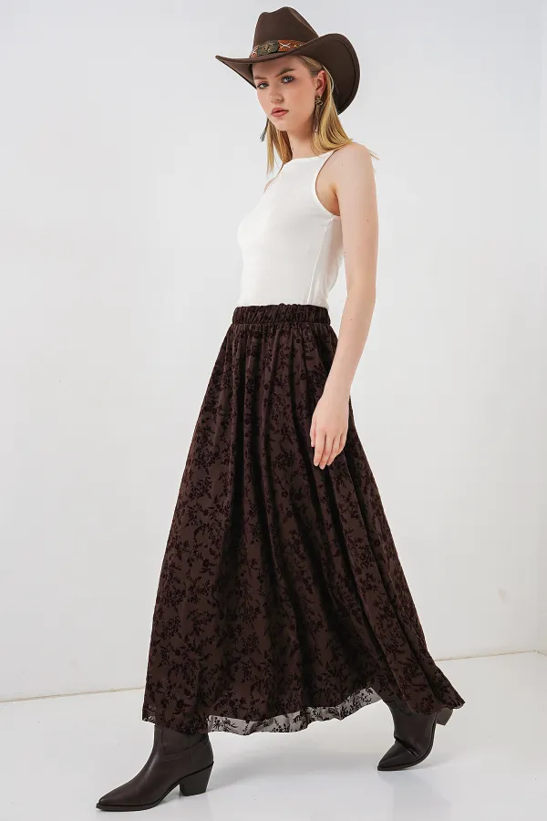 Kadın Desenli Astarlı Etek 8075 - Kahverengi