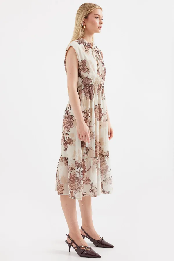 2503 Patterned Zero Sleeve Chiffon Dress - Brown