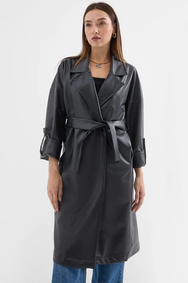1034 Belted Faux Leather Trench Coat - Black