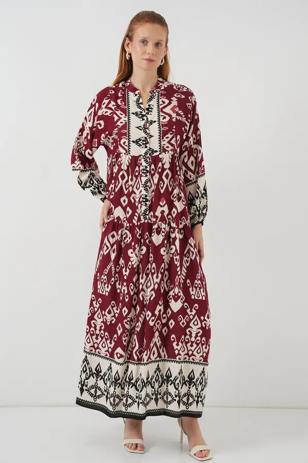 Robe longue hijab à motifs pour femme 2585 - Bordeaux