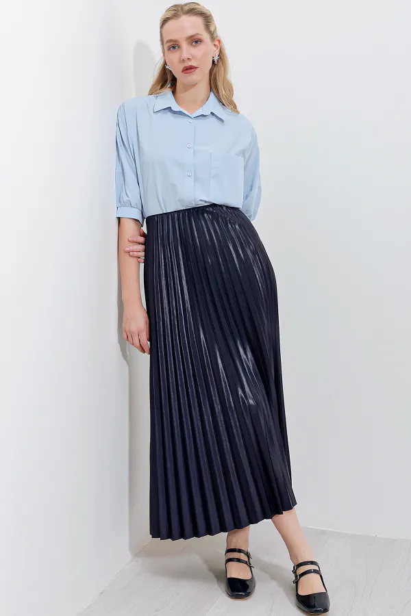 Jupe plissée aspect cuir 8009 - Bleu marine