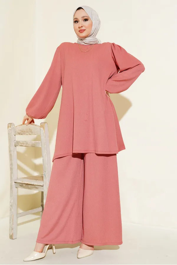 Ensemble tunique et pantalon rose poudré pour femme 6663