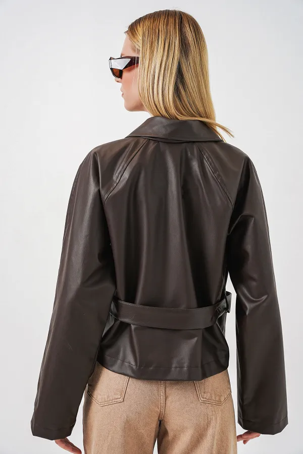 Kadin Kısa Suni Deri Ceket 1058 - Kahverengi