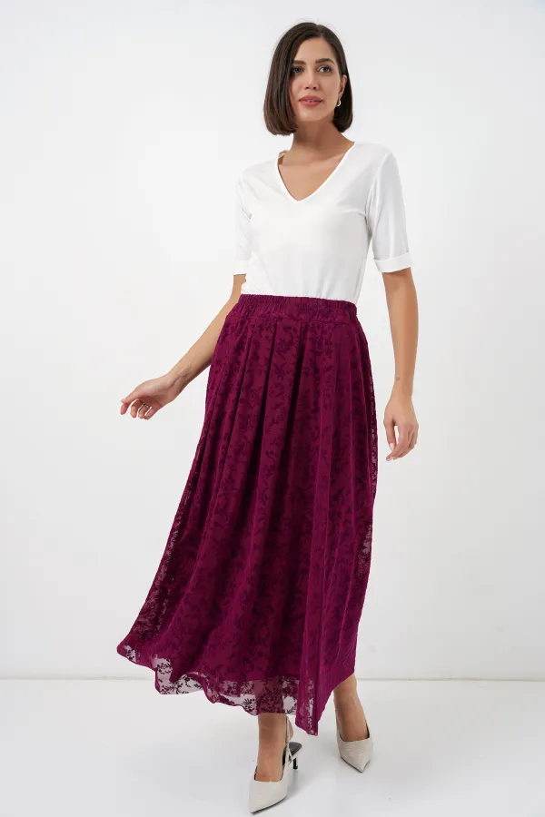 Kadın Flok Baskılı Astarlı Etek 8069 - Mürdüm