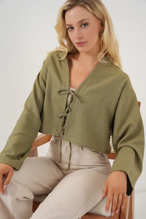 Önü Bağlamalı Keten Kimono 960 - Çağla