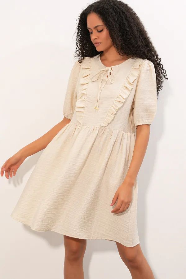 Women's Tie-Neck Short-Sleeve Ruched Dress 2600 - Cream