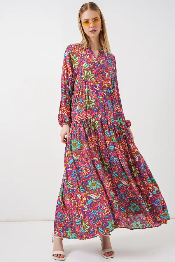 Kadın Desenli Uzun Tesettür Elbise 2585 - Çok Renkli