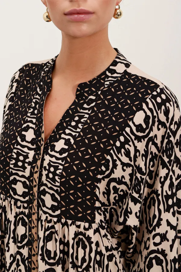 Robe hijab en viscose à motifs noirs et beiges pour femme 2423