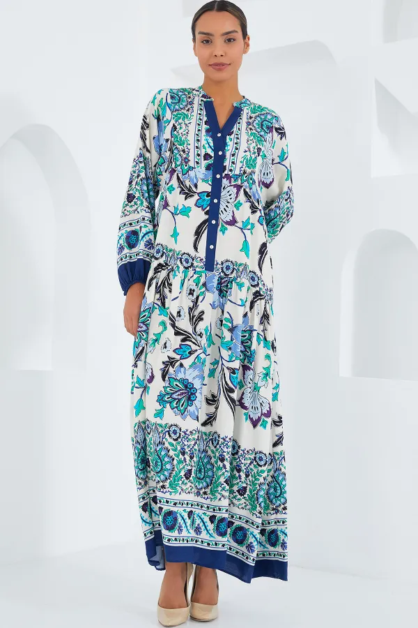 Robe hijab en viscose bleu marine et verte pour femme 2423