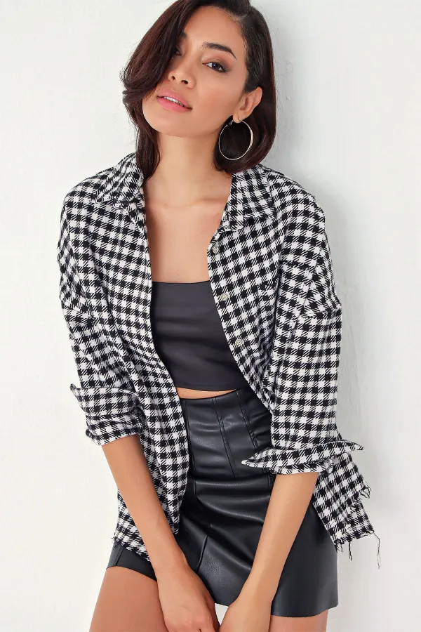 Kadın Ekose Desen Oversize Oduncu Gömlek 3854 - Siyah - Beyaz