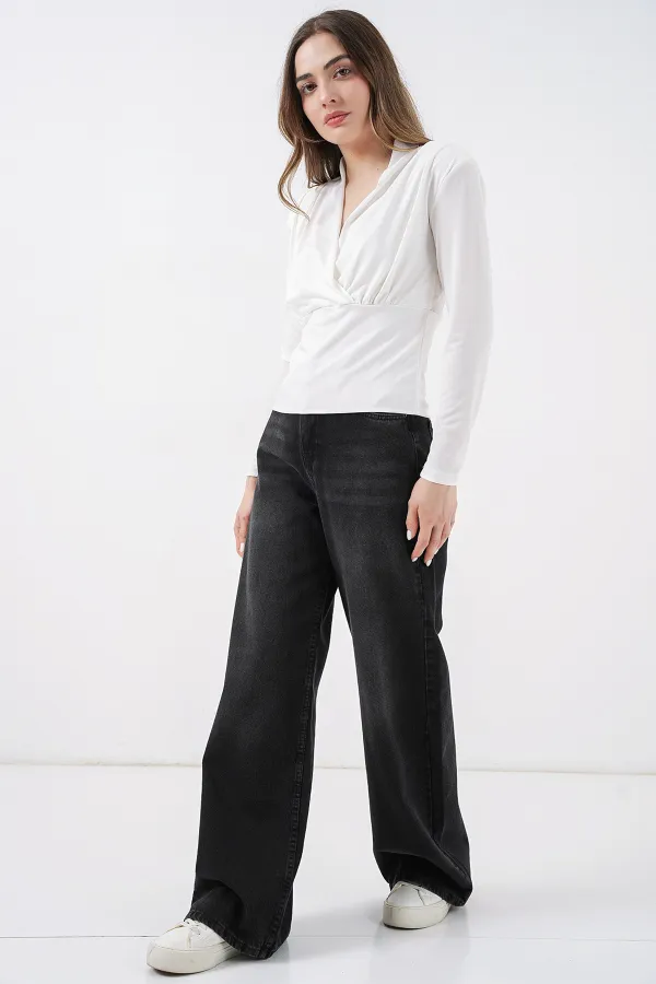 Kadın Omuz Vatkalı Kruvaze Yaka Bluz 942 - Beyaz