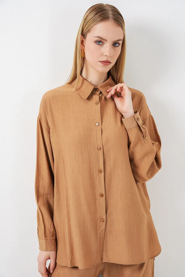 Kadın Dokulu Gömlek Pantolon İkili Takım 6710 - Camel