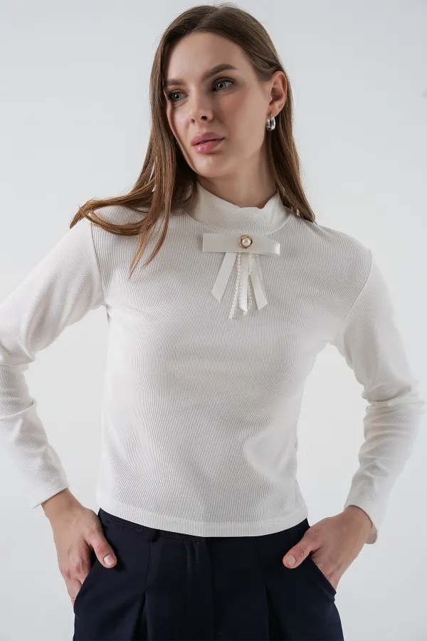 Kadın Kurdale Detay Uzun Kollu Bluz 977 - Beyaz