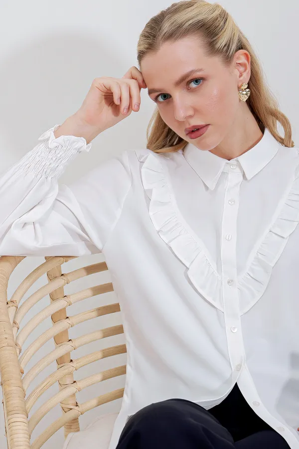 Chemise à manches longues à volants 20223 - Blanche