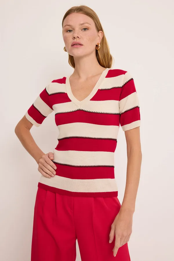 Women's V-Neck Red White Striped Blouse 15869