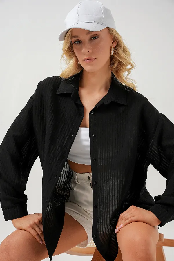 Kadın Uzun Oversize Gömlek 20320 - Siyah