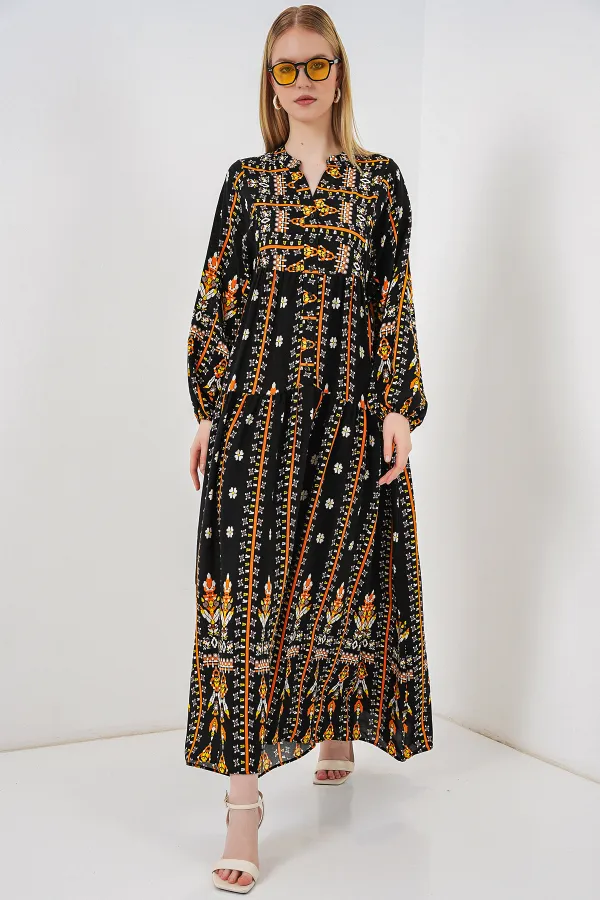 Robe longue hijab à motifs pour femme 2585 - Noir