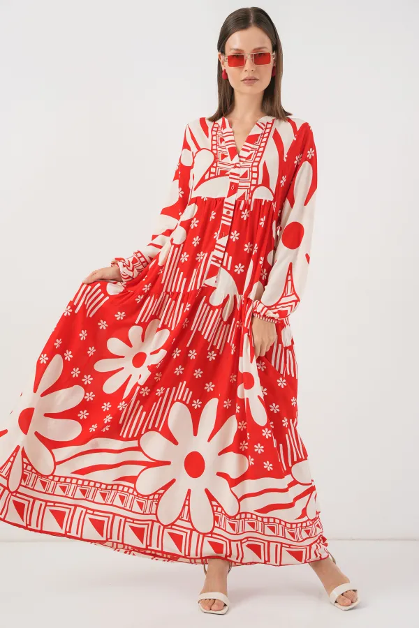 Robe longue hijab à motifs pour femme 2585 - Rouge N.