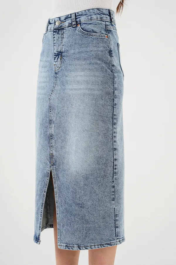 Kadın Yırtmaçlı Midi Kot Etek 8038 - Mavi