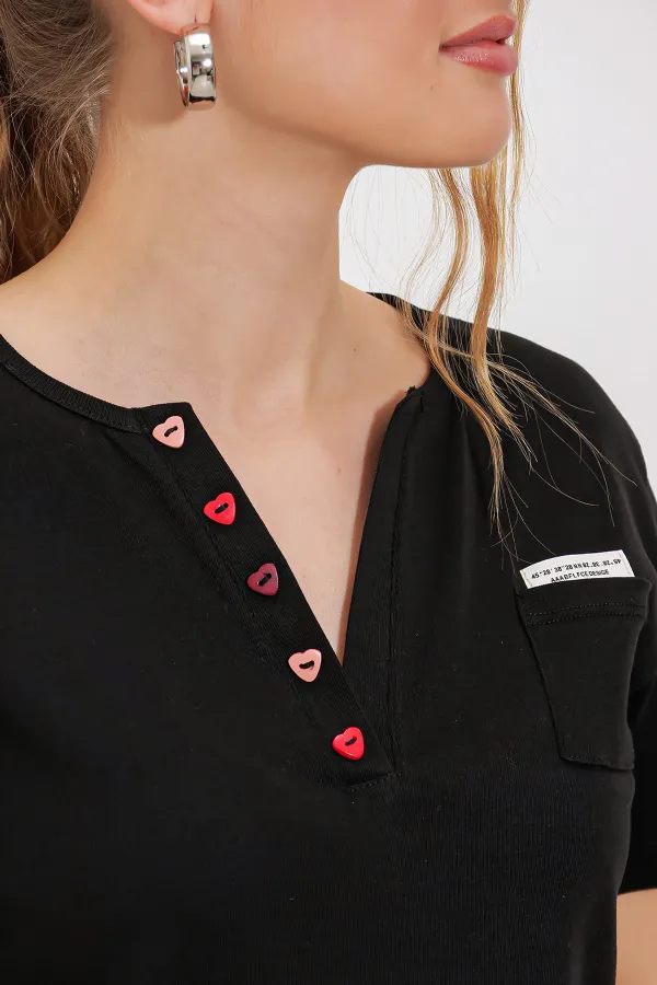 Women's Black Button Detailed Short Sleeve T-Shirt 903 Women's Black Button Detailed Short Sleeve T-Shirt 903