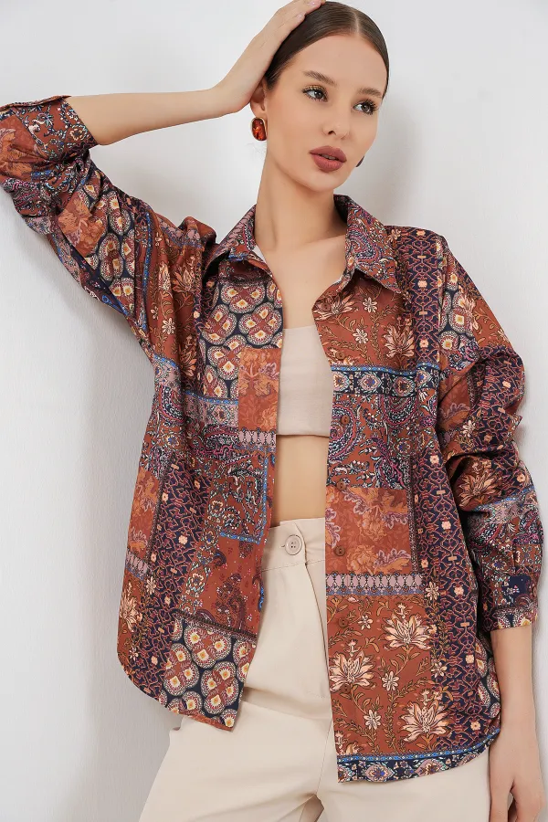 Women's Oversize Patterned Satin Shirt 20365 - Terracotta