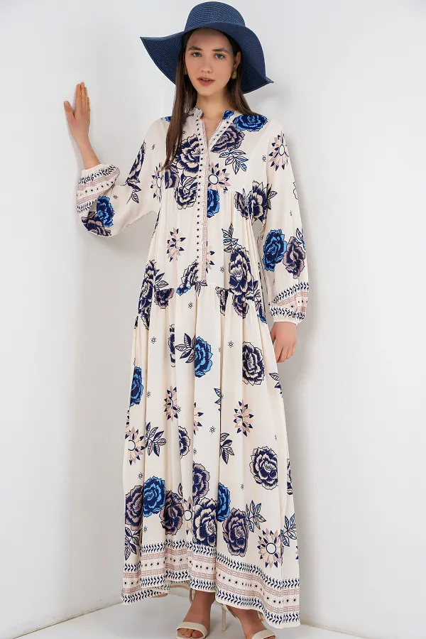 Kadın Desenli Uzun Tesettür Elbise 2585 - B.Lacivert