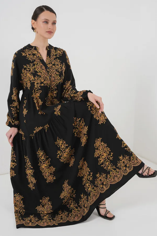 Black Gold Patterned Hijab Dress 2423