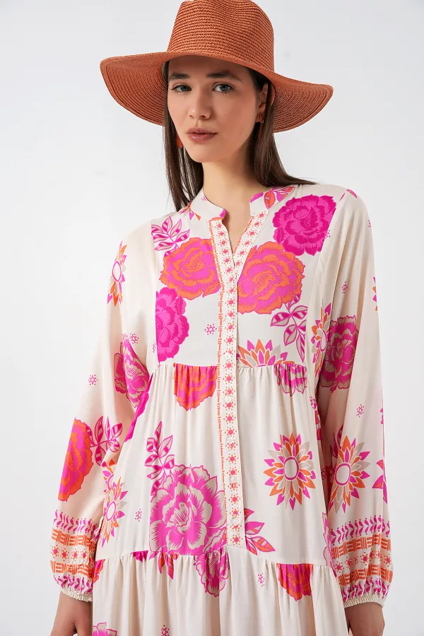 Kadın Desenli Uzun Tesettür Elbise 2585 - L. Fuşya