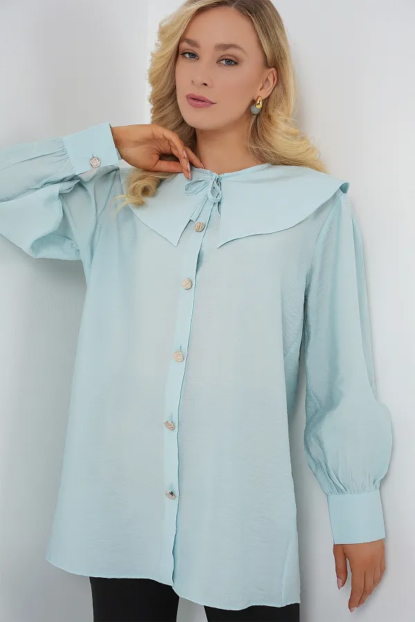 Women's Peter Pan Collar Long Tunic 5967 - Turquoise