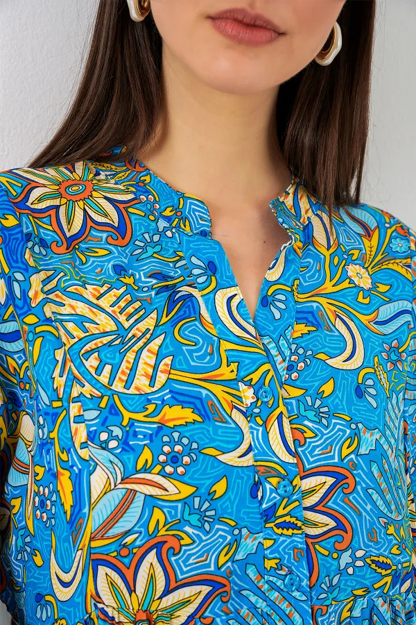 Kadın Desenli Uzun Tesettür Elbise 2585 - Turkuaz