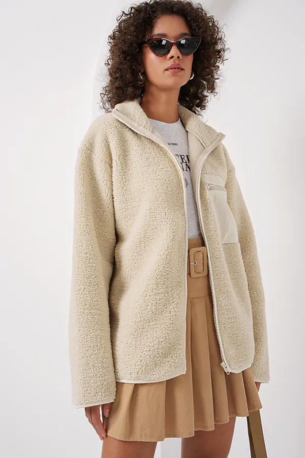 55446 Fermuarlı Oversize Peluş Ceket Mont - Krem