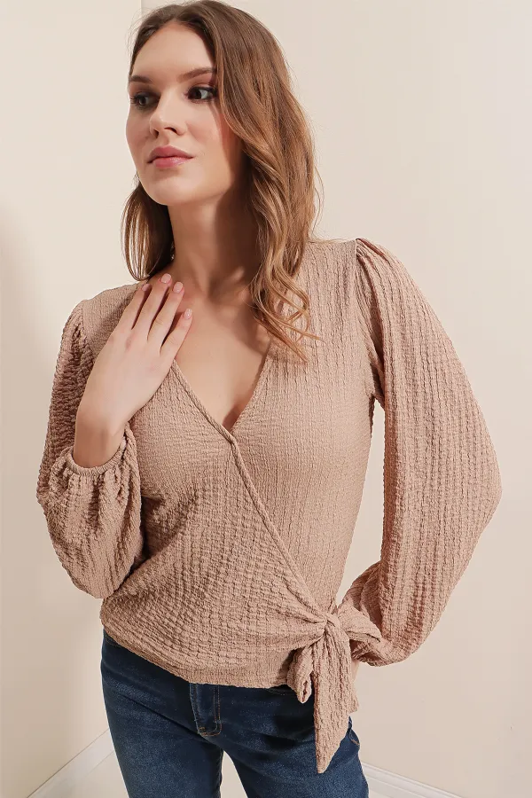 Chemisier cache-cœur en maille beige (0441)