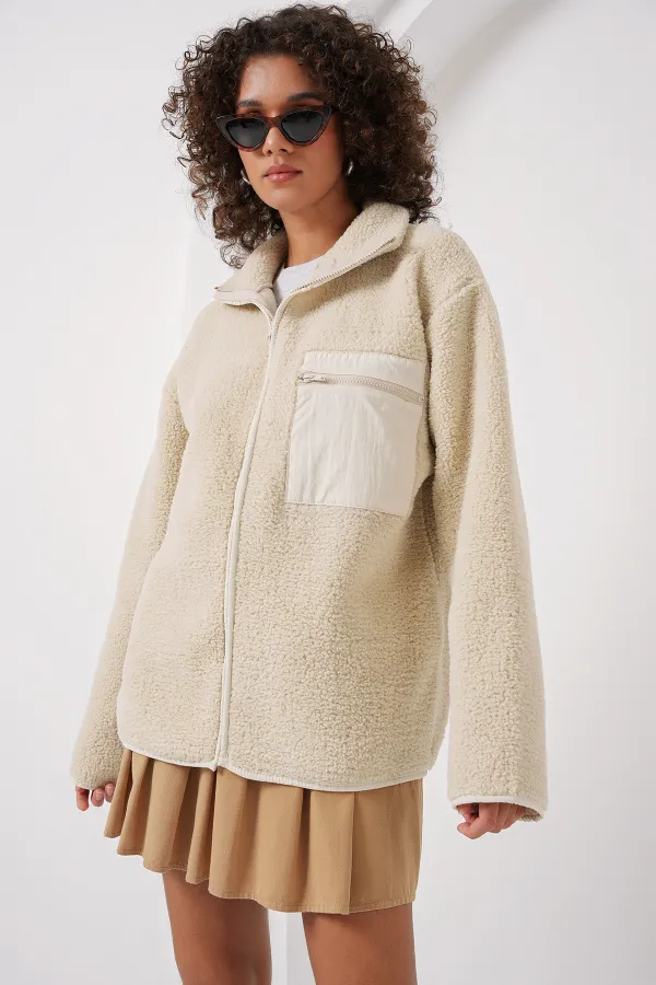 55446 Fermuarlı Oversize Peluş Ceket Mont - Krem