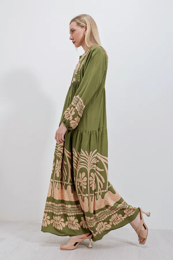 Robe hijab à motifs authentiques 2423 - Kaki