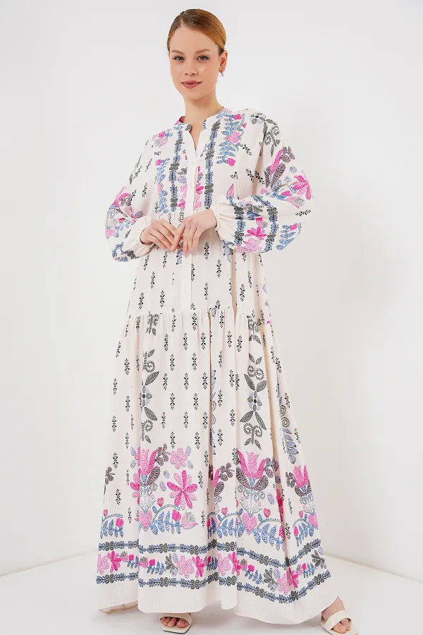 2423 Otantik Desenli Tesettür Elbise - C. Pembe