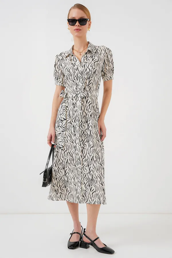 2213 Kısa Kol Viskon Elbise - C.Beyaz