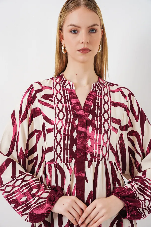 Kadın Desenli Uzun Tesettür Elbise 2585 - H. Bordo