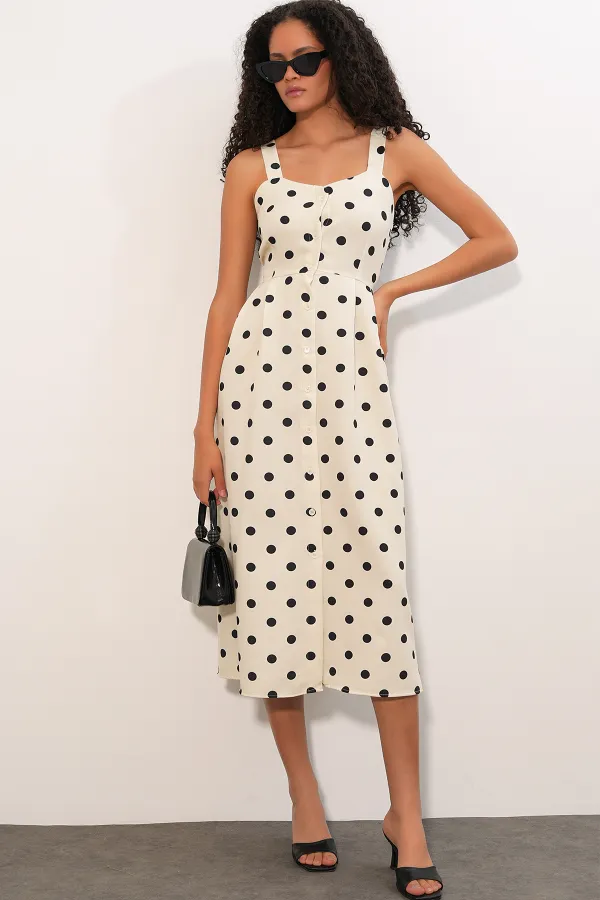 Women's Polka Dot Button-Front Strappy Midi Dress 2603 - Ecru