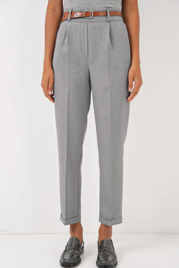 6686 Kadın Pileli Kemerli Kumaş Pantolon - Gri