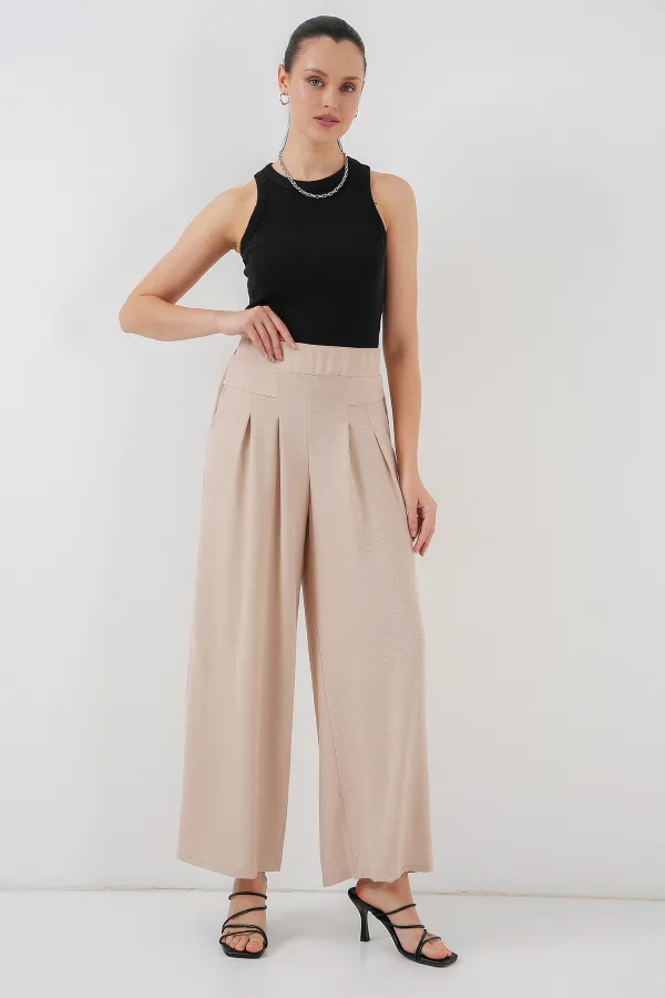 Kadın Geniş Paça Pileli Pantolon 6718 - Krem