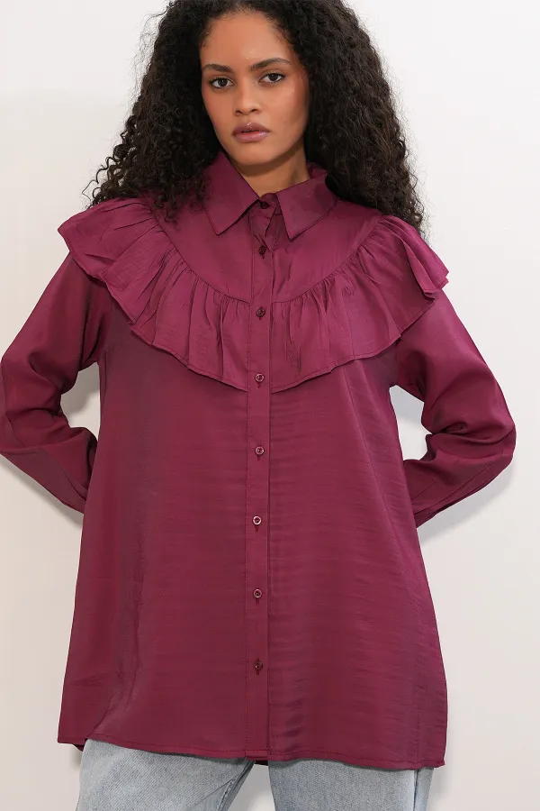 Women's Ruffle Detail Shirt Tunic 5994 - Burgundy