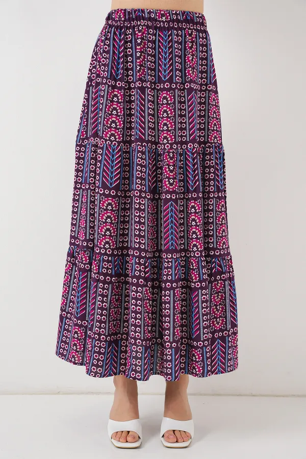 Women's Patterned Long Skirt 8053 - Purple