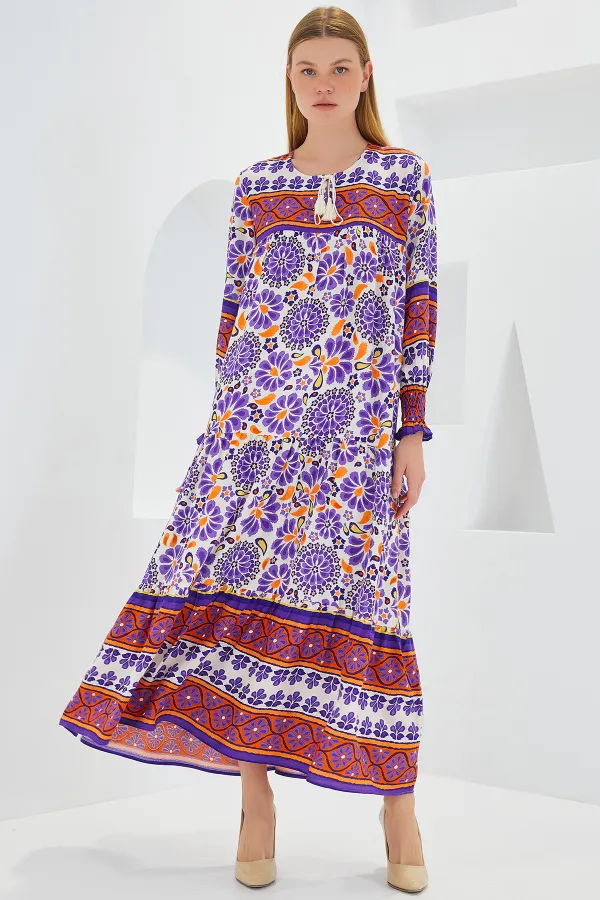 Women's Purple Tile Patterned Long Viscose Dress 1947