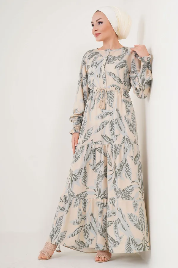 2145 Desenli Tesettür Elbise - Bej