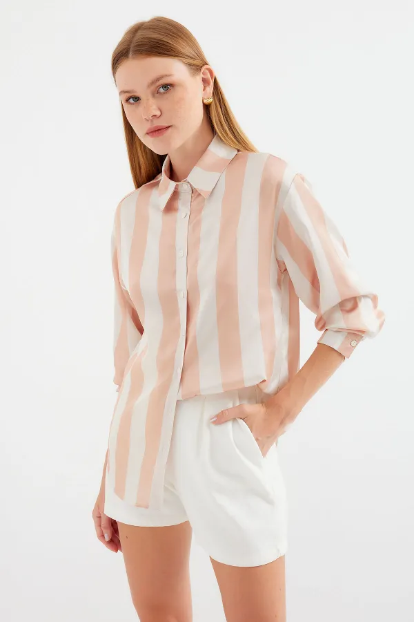 3964 Lightly Flowing Striped Satin Shirt - Biscuit