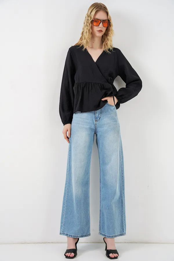 Kadın Yandan Bağlamalı Uzun Kollu Bluz 996 - Siyah