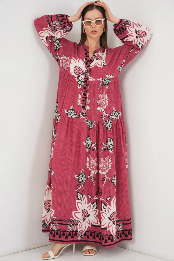 Kadın Desenli Uzun Tesettür Elbise 2585 - Gül Kurusu