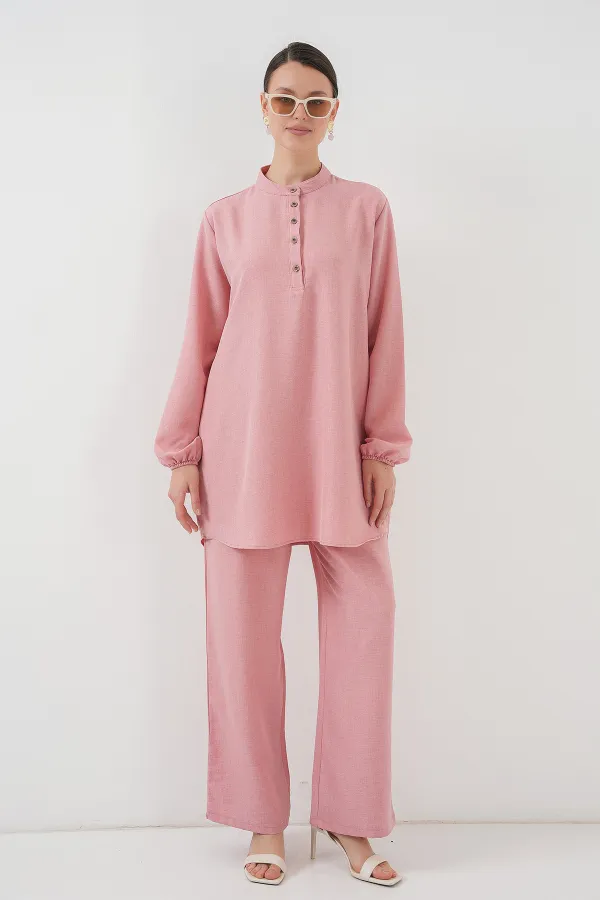 6678 Keten Tunik Pantolon İkili Takım - Pembe