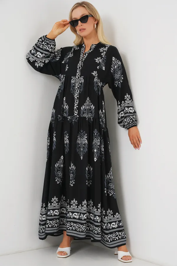Robe hijab à motifs authentiques 2423 - Noir 11 Robe hijab à motifs authentiques 2423 - Noir 11