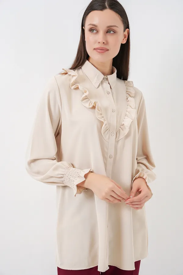 Kadın Fırfırlı Uzun Gömlek Tunik 5986 - Krem
